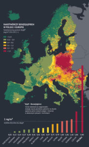 Mapa zanieczyszczenia powietrza benzopirenem w Europie